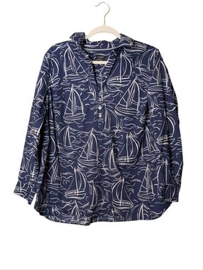 Talbots Women’s Navy & White Sailboat Nautical Popover Blouse 100% Cotton 2XP